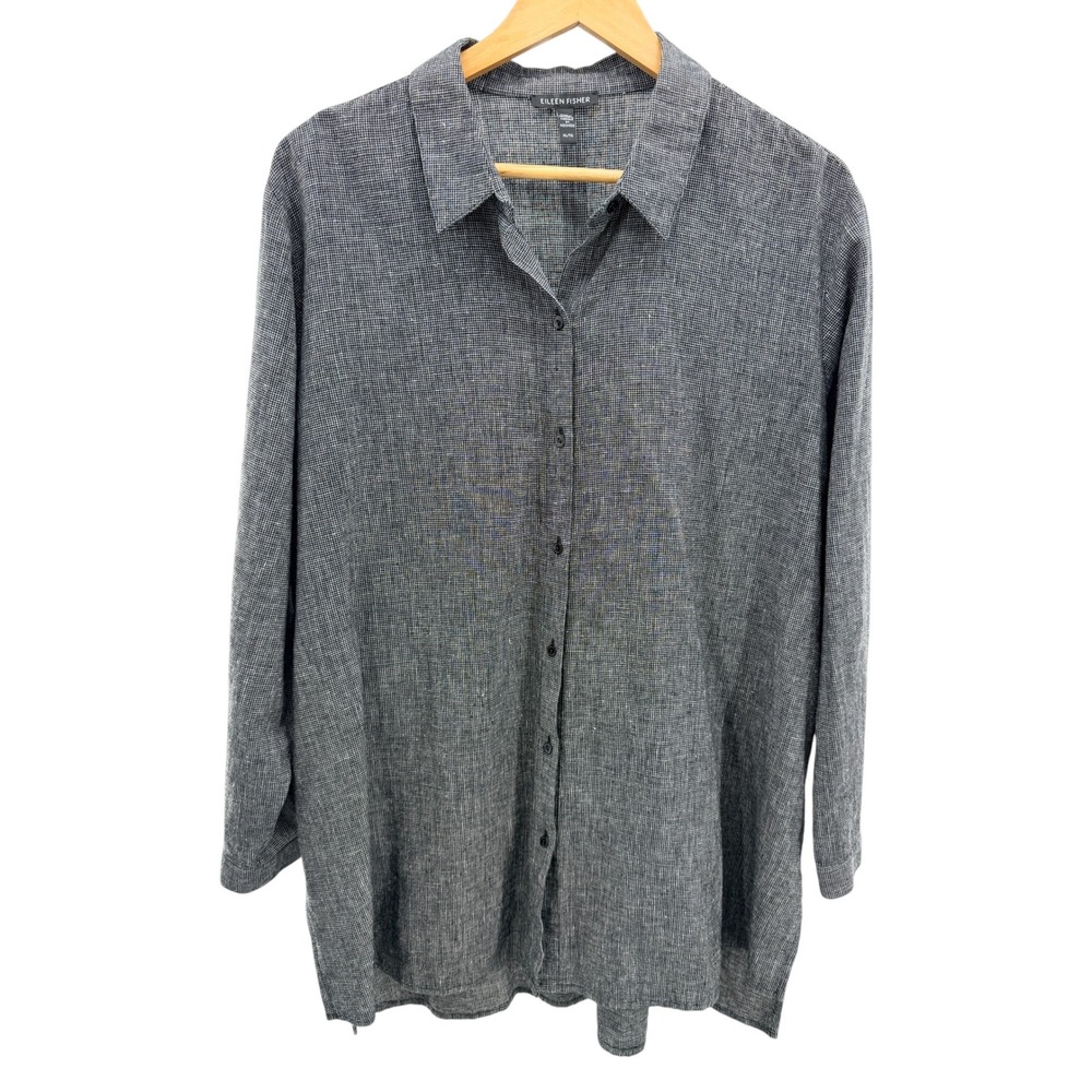 Eileen Fisher Hemp Organic Cotton Button Down Shirt XL Grey Grid Coastal Grandma